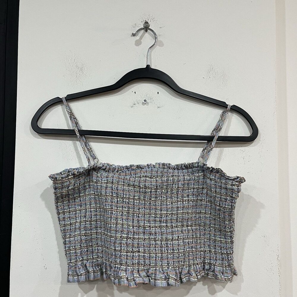 BCBGeneration Blue Gingham Smocked Spaghetti Strap Crop Top Size Medium Cotton